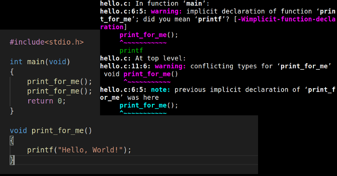 Sammensatt bilde som viser kode uten prototype og advarselen c-kompilatoren gir