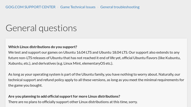 GOG.com viser støttede versjoner av Linux