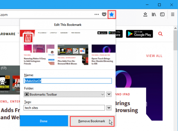 Klikk Fjern bokmerke i dialogboksen Rediger dette bokmerke i Firefox