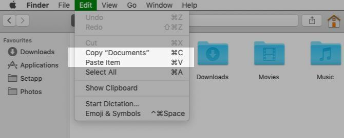 Kopier og lim inn menyalternativer i Finder på Mac