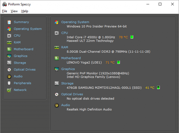 Dette er en skjermdumping av et av de beste Windows-programmene. Det kalles Piriform Speccy