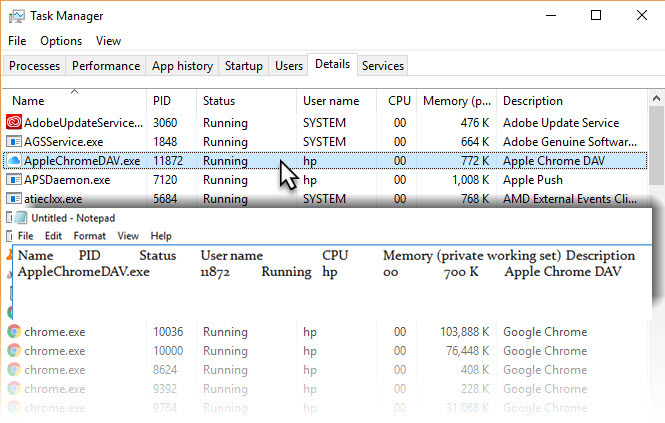 Hvordan kopiere oppgavebehandlerdetaljer til Notepad Runnin Process