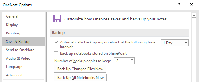 OneNote sikkerhetskopieringsalternativer