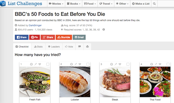 "Beste av" -listeutfordringer: 5 nettsteder som skal krysses av eller opprettes med forhåndslagde lister, liste over utfordringer med listen utfordrer mat