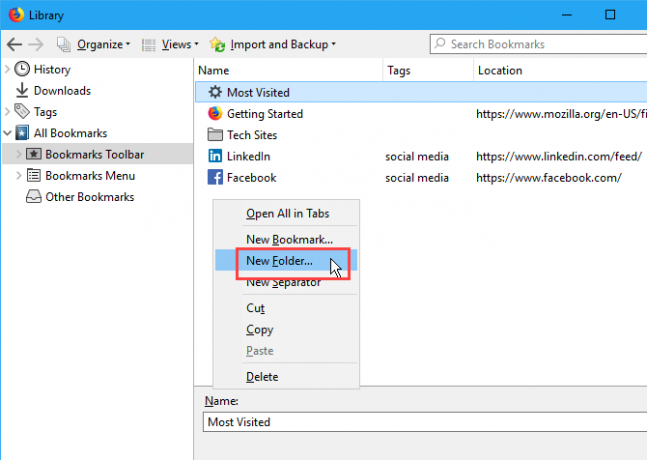 Lag en ny mappe i Bibliotek-dialogboksen i Firefox