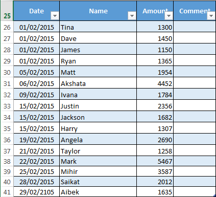 Excel DateAmount-tabell