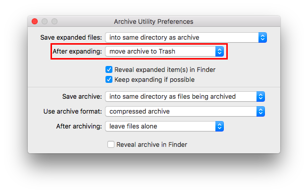 Slik sletter du ZIP-filer automatisk etter ekstraksjon i Mac Archive Utility Preferences