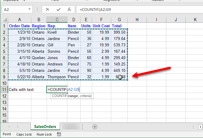 excel textfunksjoner - Velg område for COUNTIF-funksjon