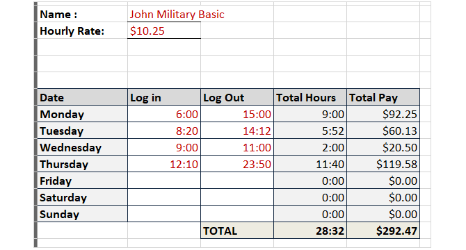 timeliste mal spor timer militær tid ingen pauser utmerker seg