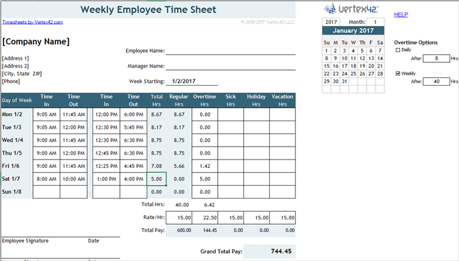 timeliste mal spor timer ukentlig hver uke med pauser excel