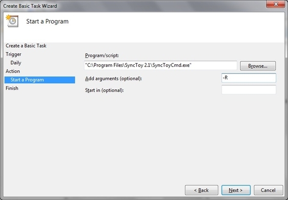 SyncToy: Microsofts løsning for enkel sikkerhetskopiering og synkronisering [Windows] Oppgaveplanlegging Lag grunnleggende oppgave Handling Start program Finn mappe