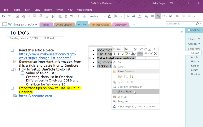 lenke til sider i OneNote 2016