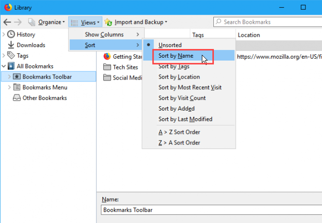 Sorter bokmerker etter navn i dialogboksen Bibliotek i Firefox