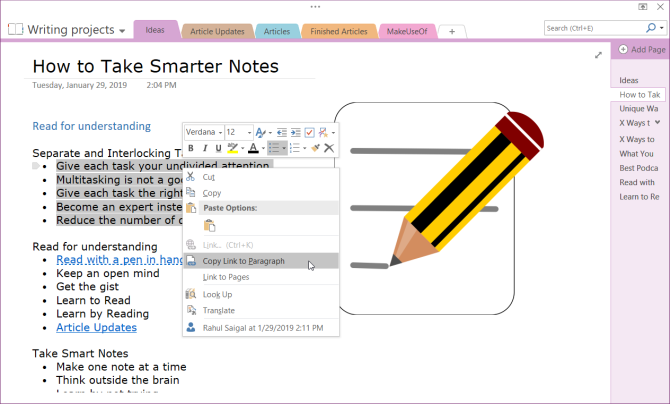 kopier lenke til avsnitt i OneNote