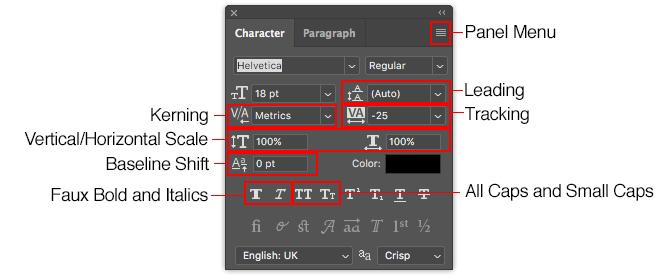 arbeider med tekst i Photoshop - Photoshop karakterpanel